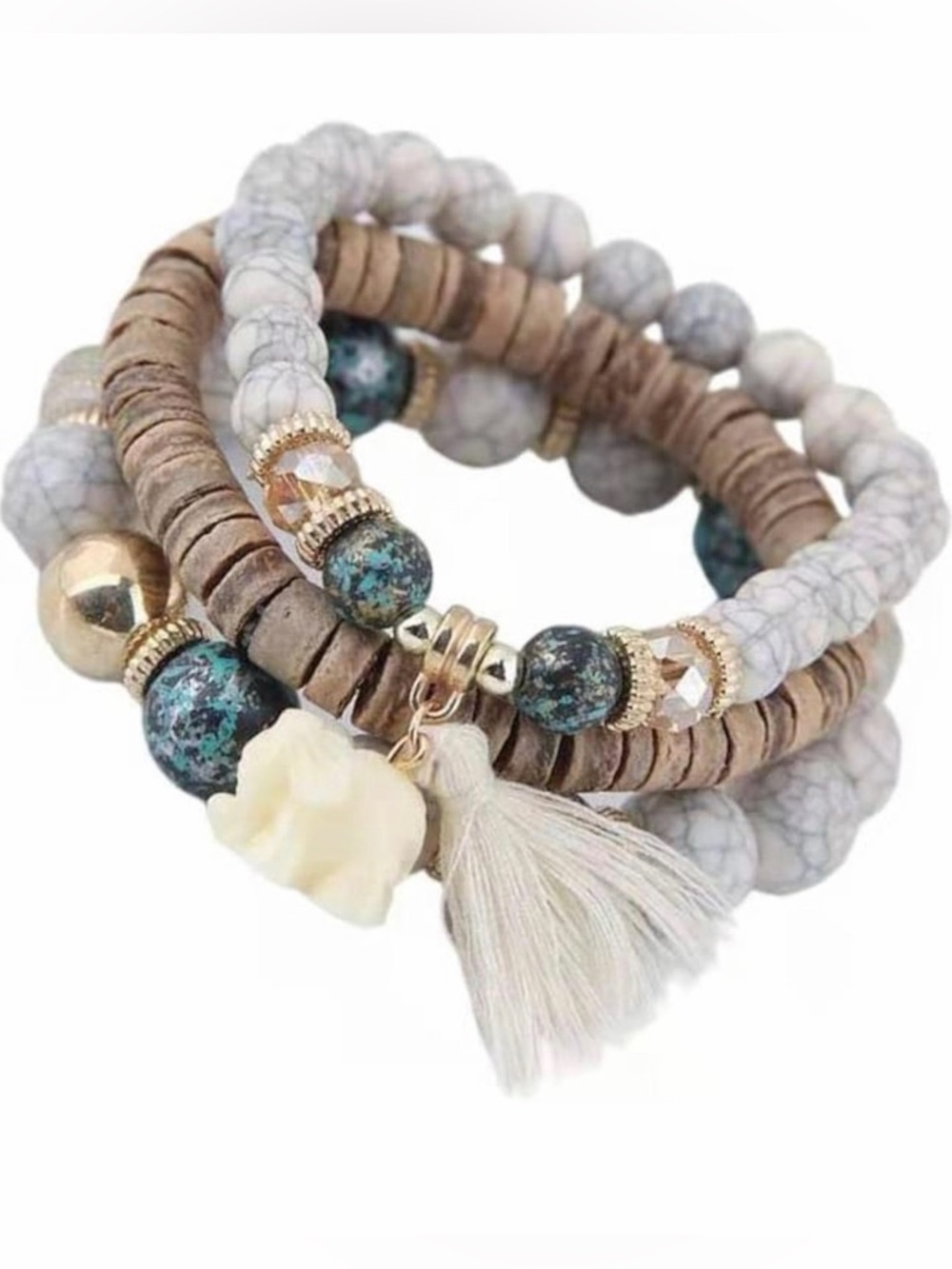 Ivory Tassel & Brown Stackable Beaded Bracelet Set - Picture 3 of 4